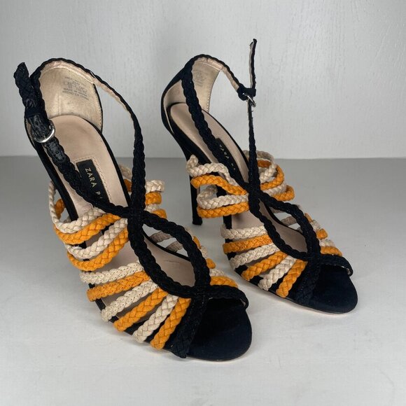 ZARA Leather Orange Black Beige Braided Stiletto Sandals Sz Us 5 Retro - Picture 4 of 13
